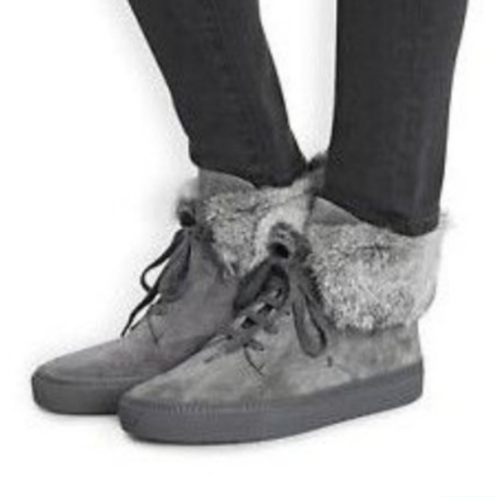 Womens Vince Nyack Graphite Gray Suede Rabbit Fur-Cuff High Top Sneaker